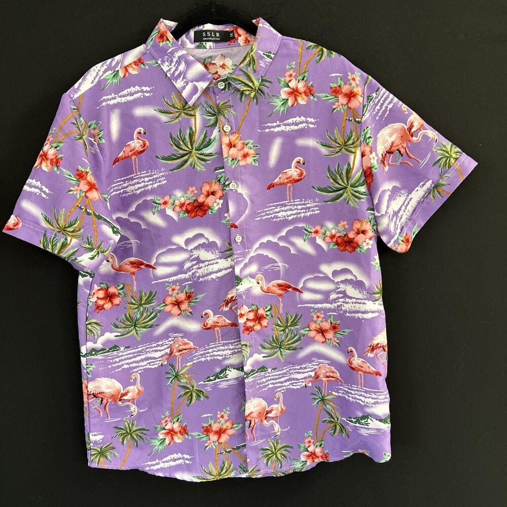 SSLR Men’s Hawaiian Flamingo Print Shirt Pastel Purple Short Sleeve Button Up M